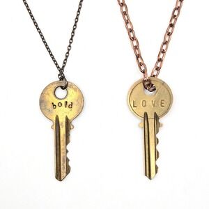 The Giving Keys Pair of Hand-Stamped Necklaces Bold Love Key USA Made Brass